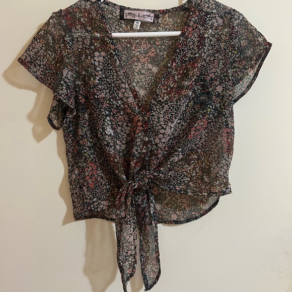 oona and maud Tops - Floral Tie-Front Sheer Blouse
